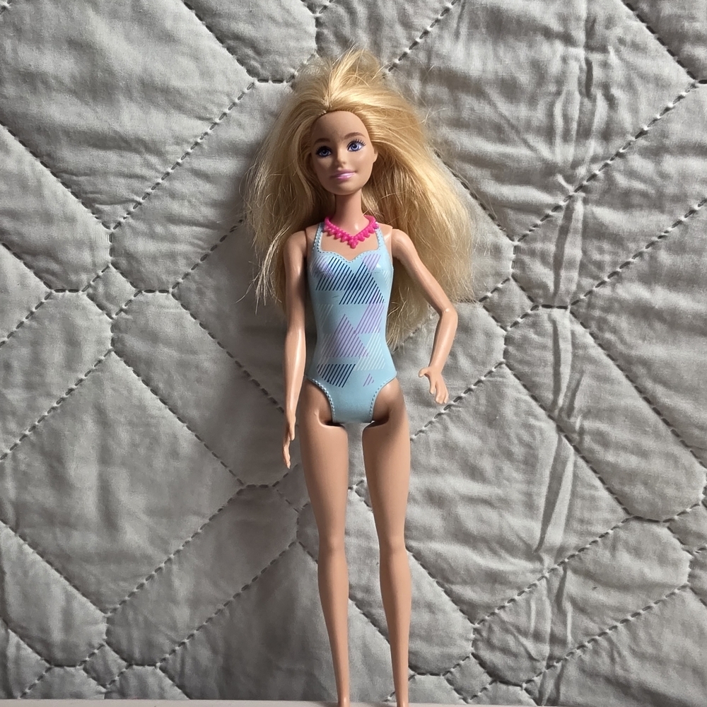 2021 Barbie Beach 11" Doll, Blonde in Pink Checkered Swimsuit, Mattel